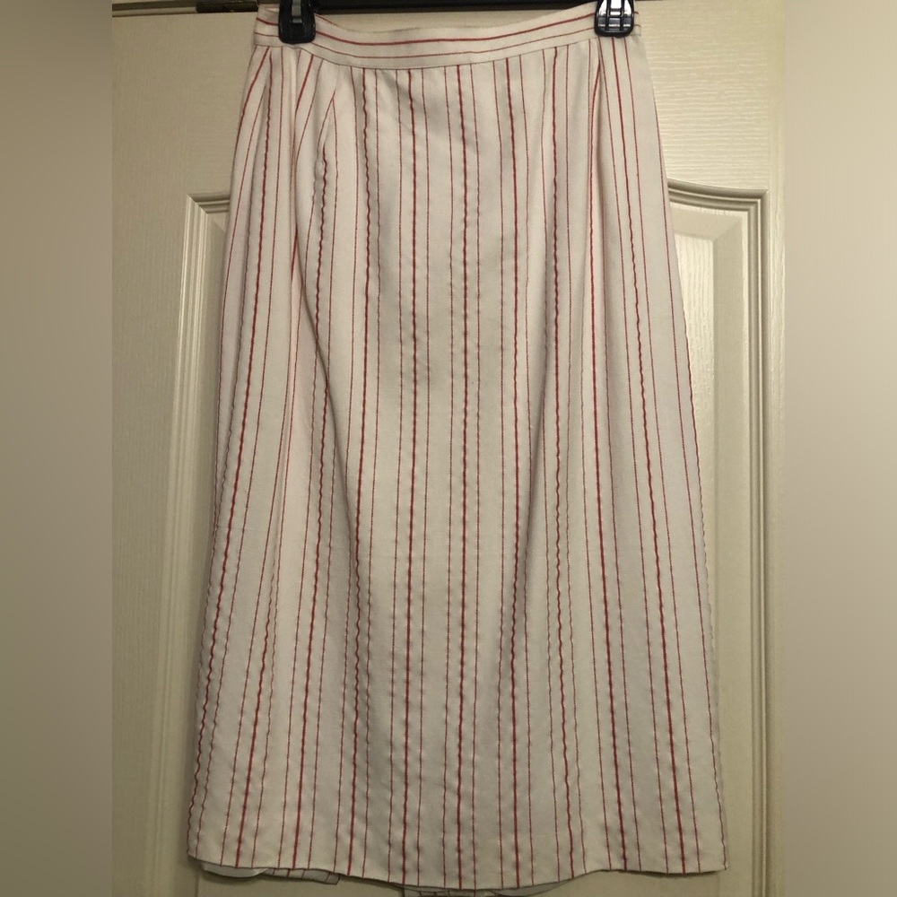 Vintage Toypes Cream, Red Striped, A-Line Midi Skirt with Smocked Detail -Size 6